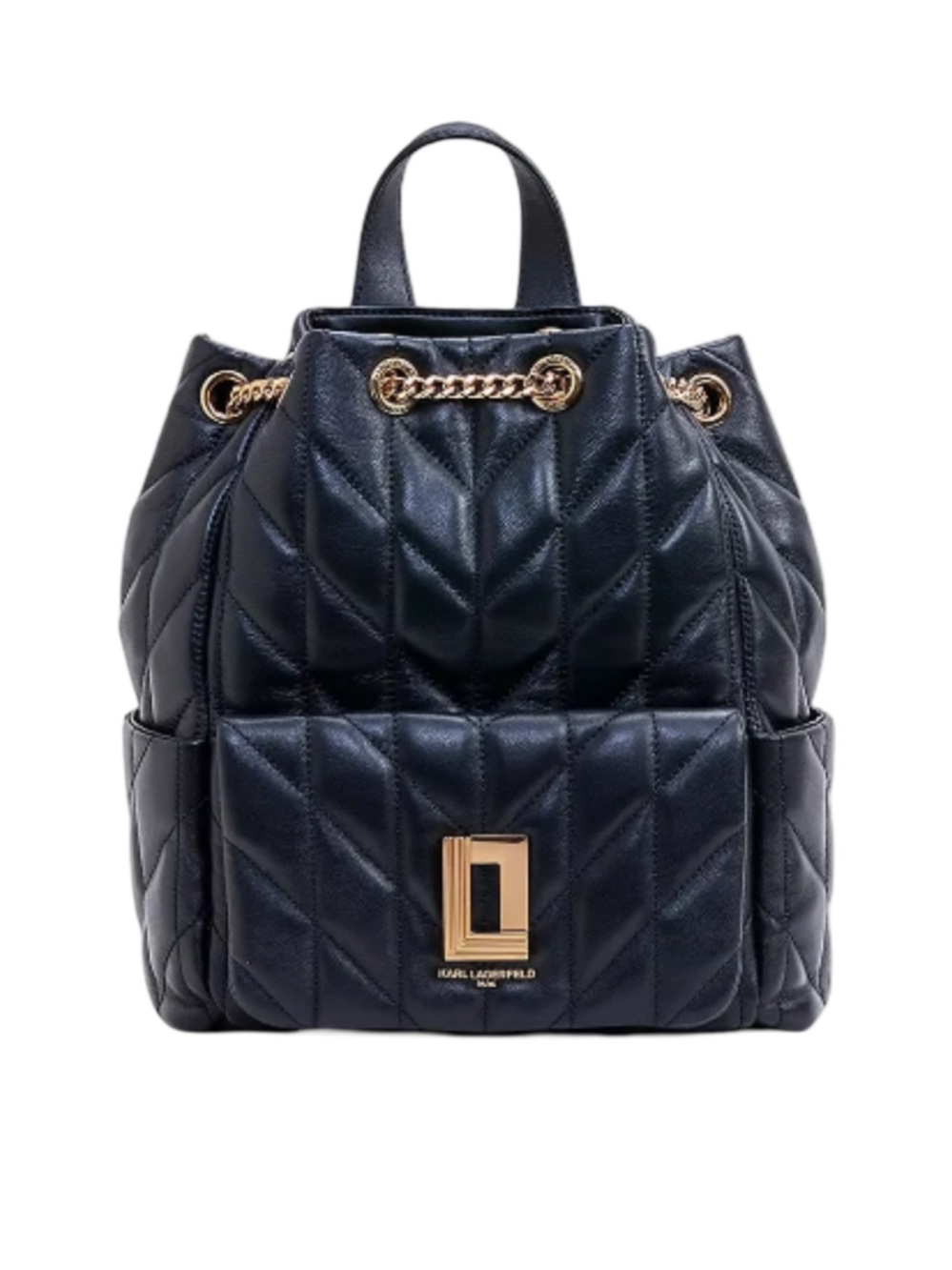 Karl Lagerfeld Black Quilted Drawstring Backpack with Gold Accents